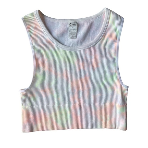 Zyia Active Neon Pastel Watercolor Tie Dye Ribbed Crop Top, Size Large - Picture 1 of 6